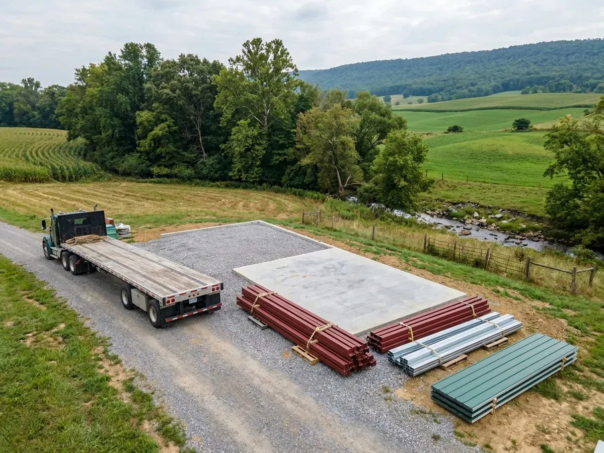 A flatbed truck delivering banded steel frame members and stacked metal roof panels to a building site beside a finished concrete slab.