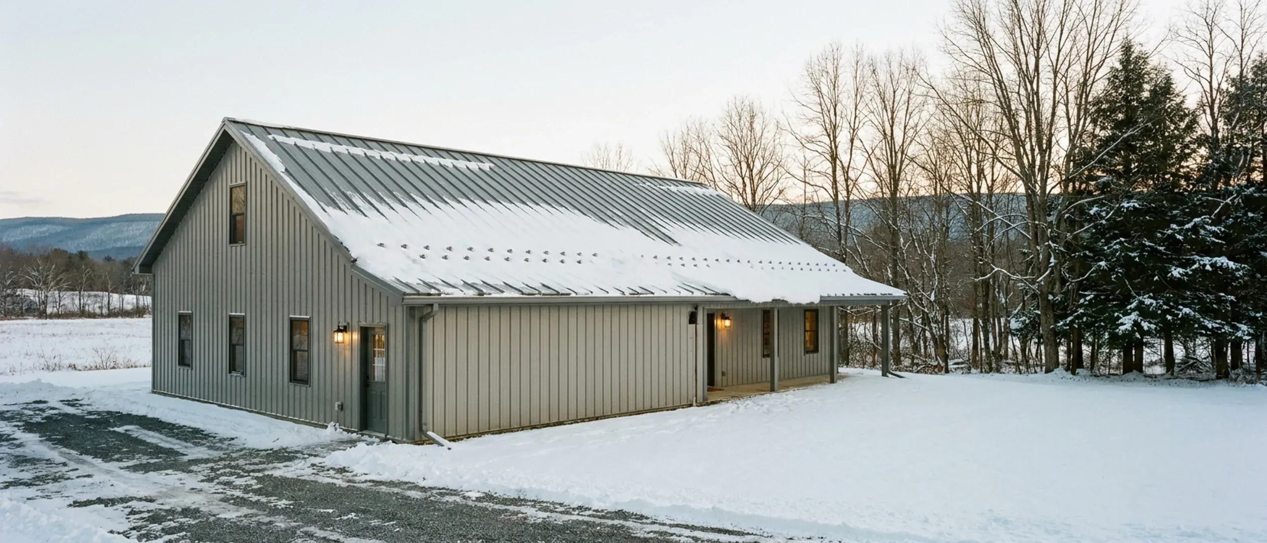 A completed barndominium after a snowfall, viewed from a low angle showing its standing seam roof with snow guards, vertical wall panels, gutters and exterior wall lights.