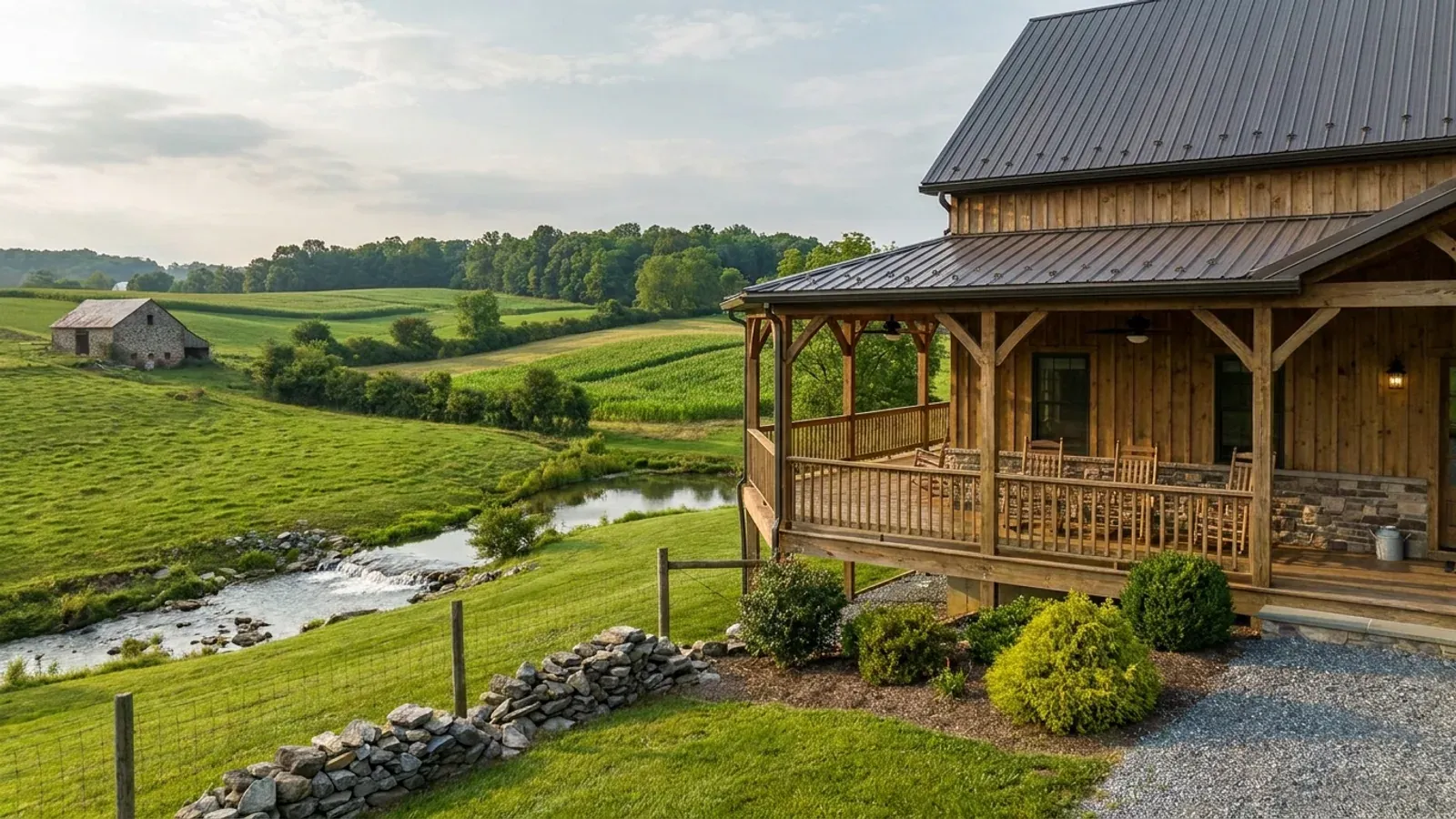 A barndominium exterior showing a deep wrap-around covered porch with posts and railing along two sides of the building.