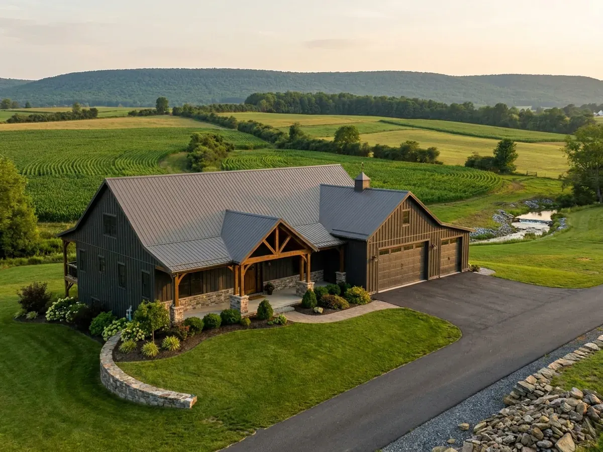 A completed barndominium home viewed from the front corner, with finished landscaping, a covered entry porch and an attached shop bay.