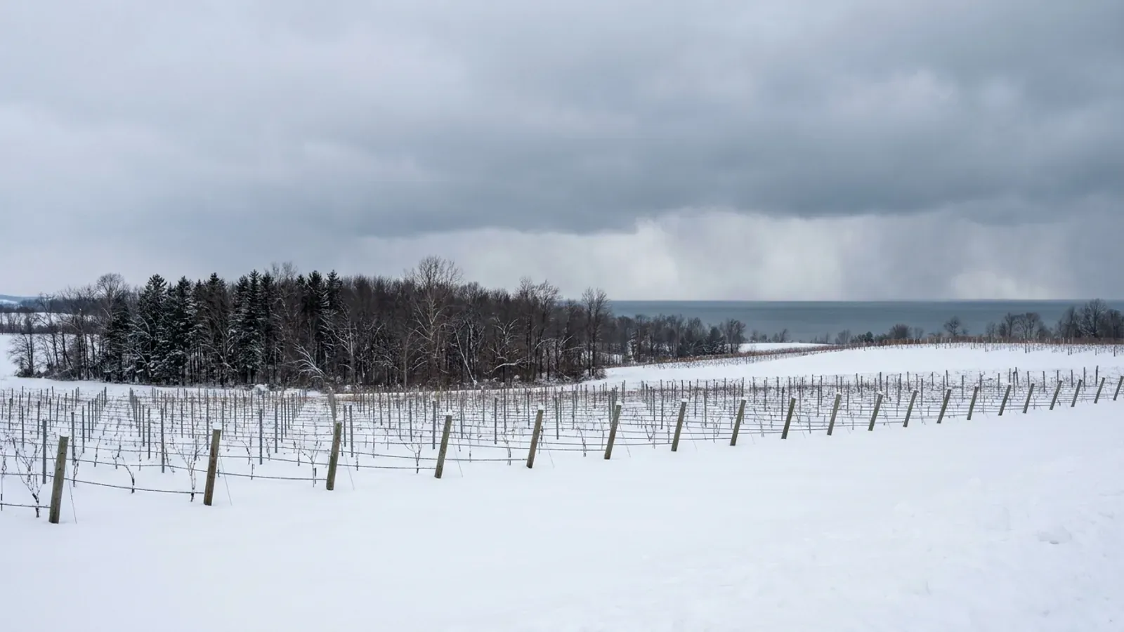 Snow-covered vineyard rows on rolling farmland with a dark woodlot behind and the grey line of Lake Erie under a heavy winter sky.