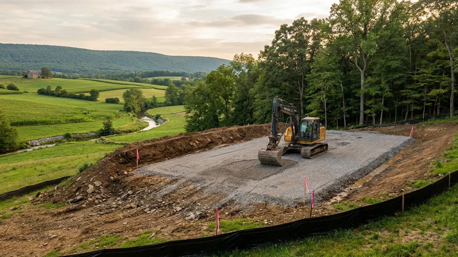 An excavator grading a compacted building pad cut into a hillside, with survey stakes, a silt fence and a drainage swale visible.
