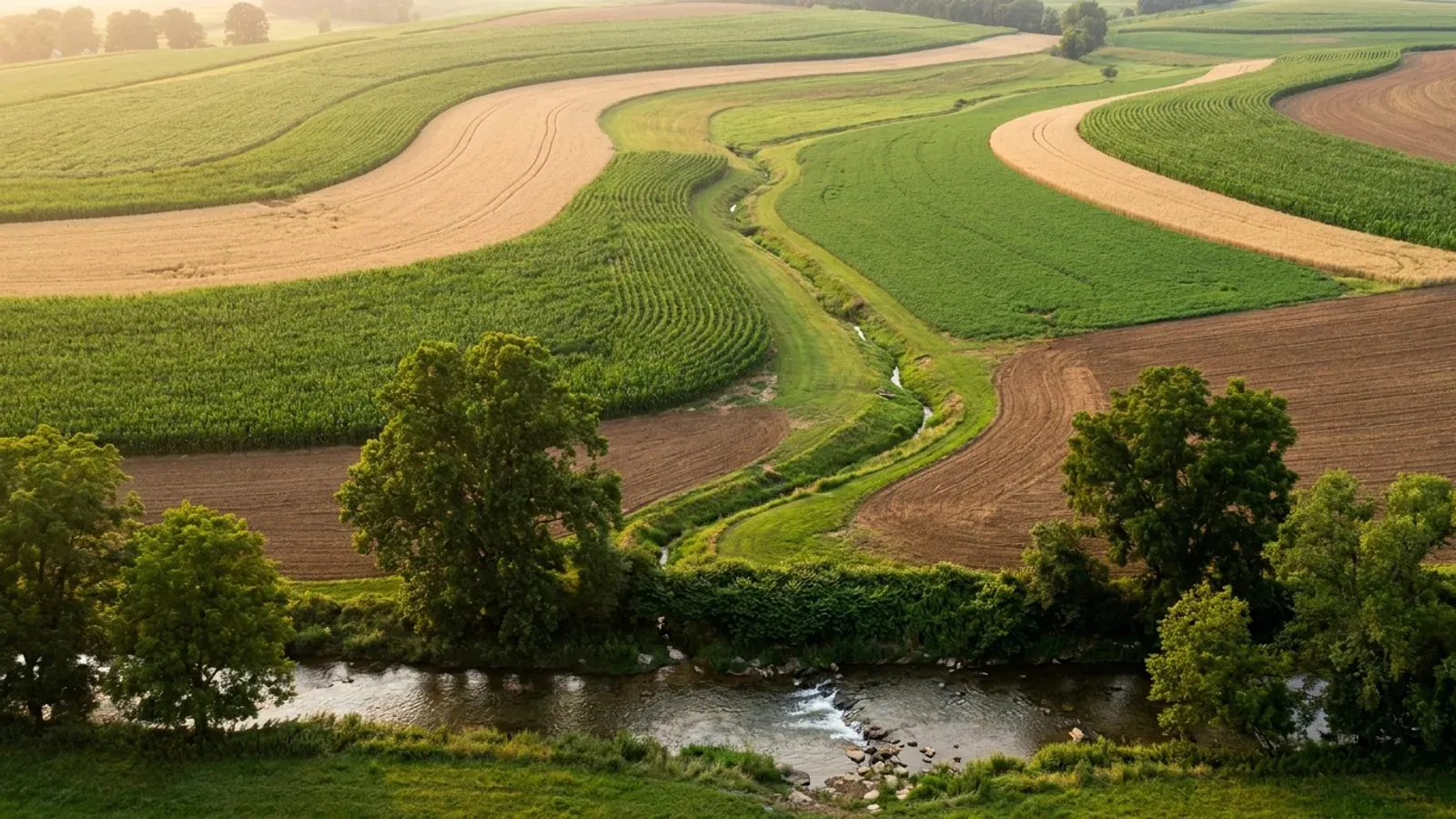 Gently rolling farmland patterned with curving contour strips of corn, grain, alfalfa and rich brown soil, with a clear stream in the foreground.
