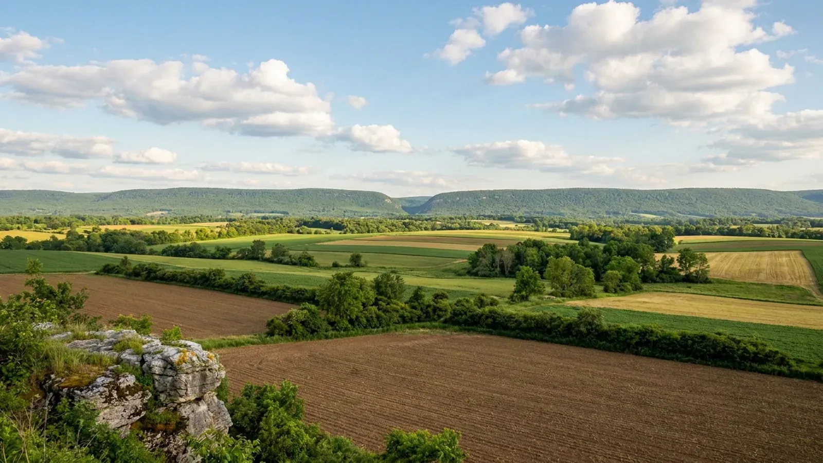 Broad Lehigh Valley farmland of corn and hay fields below the long, level forested crest of Blue Mountain.