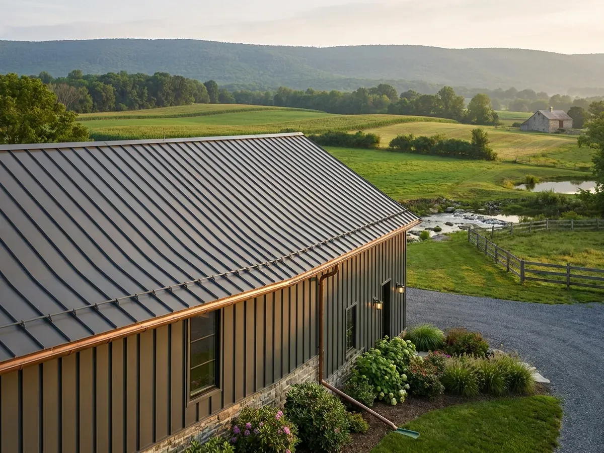 Exterior detail of a metal-clad home showing standing seam roofing with snow guards, vertical wall panels, and a downspout discharging away from the wall.