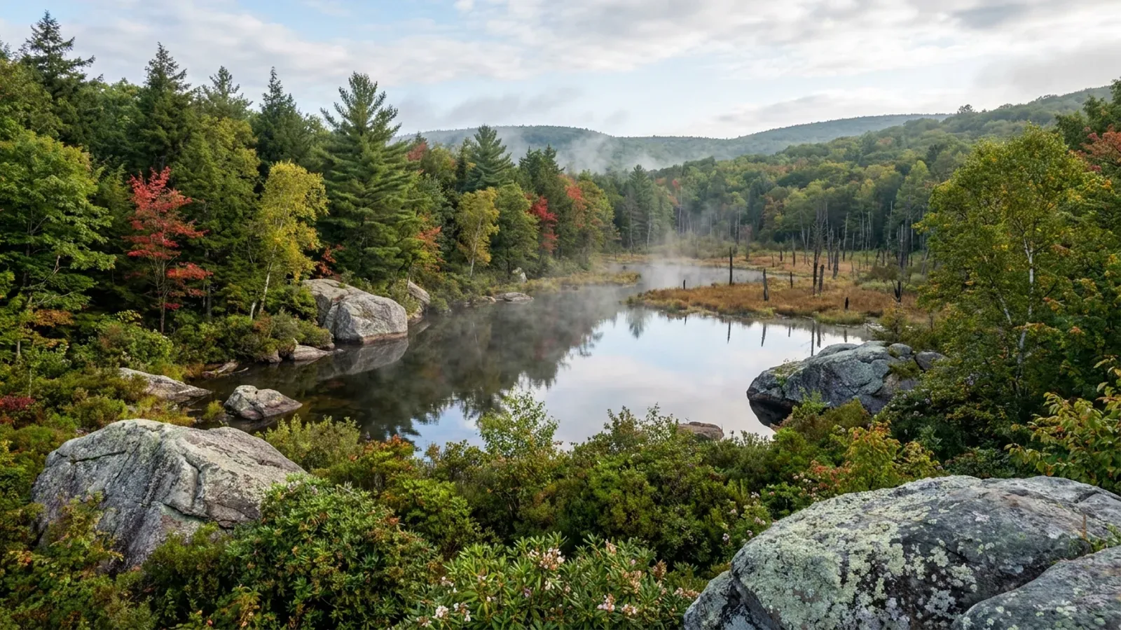 A still glacial lake on the Pocono plateau edged with boulders and hemlock, red maples in autumn colour and mist lifting off the water.
