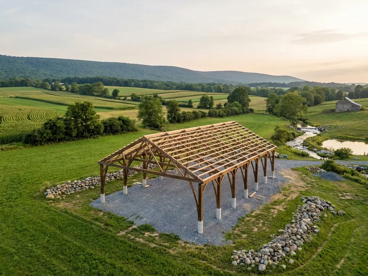 A post-frame home under construction, showing laminated timber columns on concrete piers and wide-span roof trusses with no interior bearing walls.