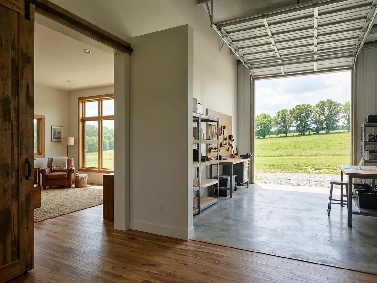 The interior of a shouse where a finished living area with warm flooring meets a shop bay with polished concrete and a tall roll-up door.