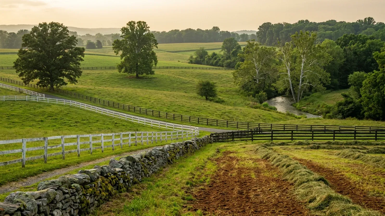 Rolling Piedmont pasture enclosed by post-and-rail fencing, with specimen oaks in the fields and a sycamore-lined creek in the valley.