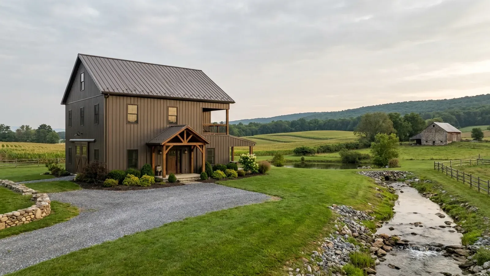 A completed two-story barndominium with visible second-story windows and a small covered balcony above the entry porch.